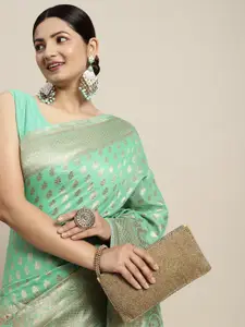 Saree mall Green & Golden Silk Cotton Woven Design Banarasi Saree