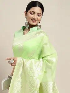Saree mall Green & Gold Floral Woven Design Celebrity Banarasi Sarees