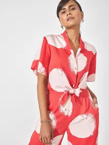 The Label Life Women Red Polka Print Crop Casual Shirt