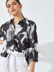 The Label Life Women Black Printed Overlap Crepe Monochrome Casual Shirt