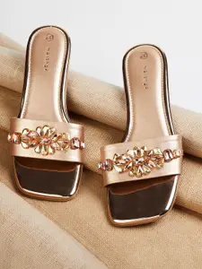 Melange by Lifestyle Women Brown Embellished Leather Party Sandals