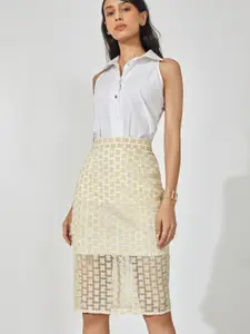 The Label Life Women Ivory White Embroidered Midi Skirt