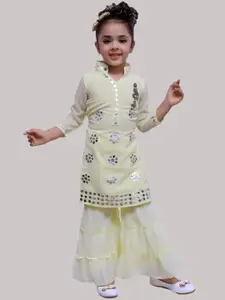 Elendra jeans Girls Yellow Floral Embroidered  Kurti with Sharara