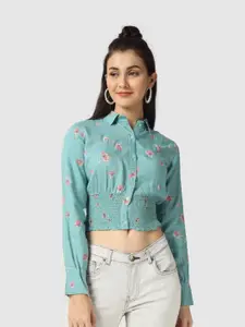 The Label Bar Women Blue Floral Print Shirt Style Crop Top