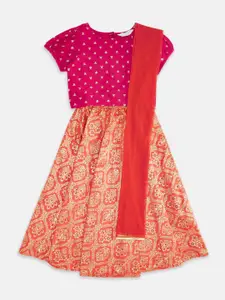 AKKRITI BY PANTALOONS Girls Orange & Pink Printed Ready to Wear Lehenga & Blouse With Dupatta