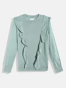 M&H Juniors Girls Mint Green Solid Round Neck Acrylic Pullover