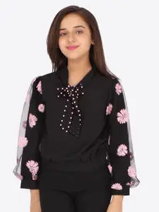 CUTECUMBER Black & Pink Floral Print Tie-Up Neck Georgette Blouson Top
