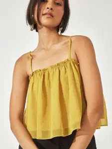 The Label Life Women Yellow Ruffle Neck Crop Stappy Cami Top