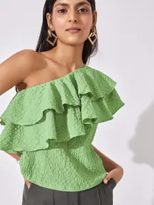 The Label Life Green Leaf Ruffled One Shoulder Top