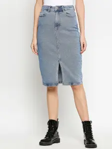 LOVEGEN Women Blue Solid Midi Straight Skirt