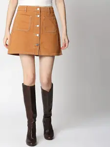 LOVEGEN Women Brown Solid Mini Straight Pure Cotton Skirts