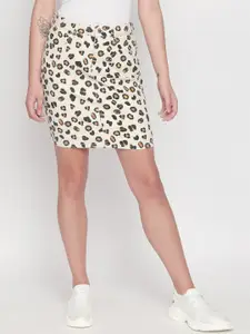 LOVEGEN Women Cream-Colored & Black Leopard Printed Straight Skirt