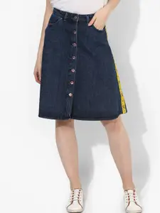 LOVEGEN Women Blue Solid Denim Knee-Length Pure Cotton A Line Skirt