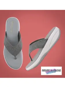 madam glorious Women Grey Embellished Slip on Comfort Sandal Heels