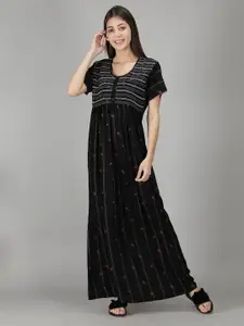 NIGHTSPREE  Women Black Printed Maxi Nightdress