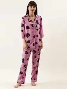 Bannos Swagger Women Pink & Black Printed Night suit