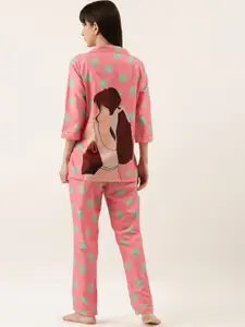 Bannos Swagger Women Pink & Green Printed Night Suit