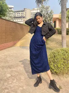 Tokyo Talkies Blue Shoulder Strap Neck Lace Maxi Dress
