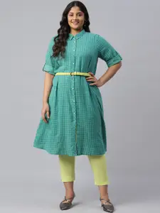 AURELIA Women Green Checked Thread Work Kurta