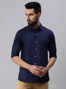 PEPPYZONE Men Navy Blue Solid Standard Casual Shirt