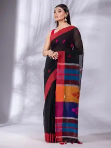 Charukriti Black & Orange Woven Design Pure Linen Saree