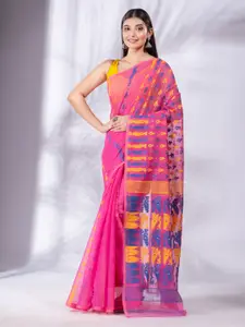 Charukriti Pink & Blue Woven Design Silk Cotton Jamdani Saree