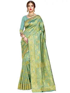 SARIYA Blue & Gold-Toned Floral Zari Silk Blend Banarasi Saree