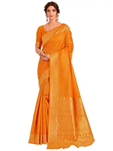 SARIYA Orange & Gold-Toned Floral Zari Silk Blend Banarasi Saree