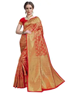 SARIYA Red & Gold-Toned Ethnic Motifs Zari Silk Blend Banarasi Saree