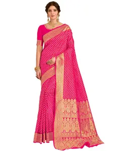 SARIYA Pink & Gold-Toned Floral Zari Silk Blend Banarasi Saree