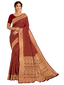 SARIYA Maroon & Gold-Toned Floral Zari Silk Blend Banarasi Saree