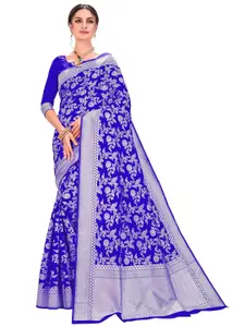 SARIYA Blue & Silver-Toned Floral Zari Silk Blend Banarasi Saree