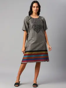 Cottinfab Grey Ethnic Motifs Embroidered Kaftan Dress