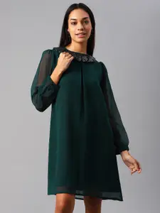 Cottinfab Green Sequin Embellish Neck Georgette A-Line Dress