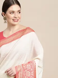 Saree mall Off White & Pink Ethnic Motifs Print Silk Blend Kanjeevaram Sarees