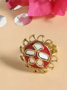 Voylla Women Gold-Plated Red Enamelled Floral Statement Adjustable Finger Ring