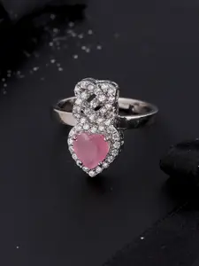Voylla Silver-Plated & Pink CZ Studded Adjustable Finger Ring