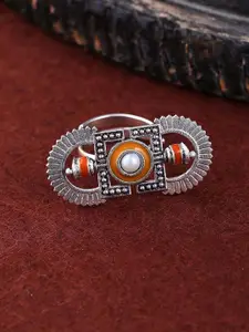 Voylla Silver-Plated White Pearl Beaded Tribal Motif Ring