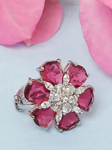 Voylla Silver-Toned Rhodium-Plated Pink Stone Studded Finger Ring