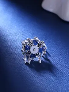 Voylla Silver-Plated Blue & White Pearl Beaded Finger Ring