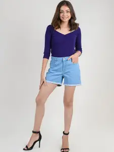 FREAKINS Women Blue High-Rise Denim Shorts