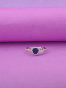 Studio Voylla Women 92.5 Sterling Silver-Plated Blue Stone-Studded & Heart-Charm Finger Ring
