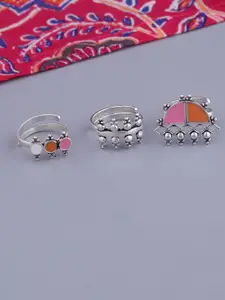 Voylla Set Of 3 Silver-Plated Pink & Orange Colored Bagh E Fiza Finger Ring