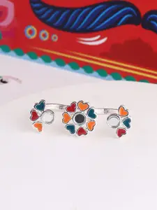 Voylla Silver-Plated Red & Blue Floral Shaped Dual Finger Ring