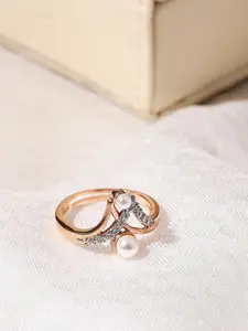 Voylla Women Rose Gold-Plated White Pearls Studded Finger Ring