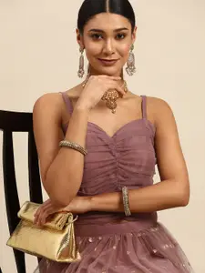 Sangria Pink Sequinned Semi-Stitched Lehenga & Ready to Wear Ruched Blouse