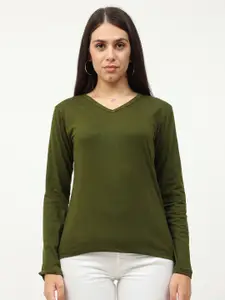 Fleximaa Women Olive Green V-Neck T-shirt