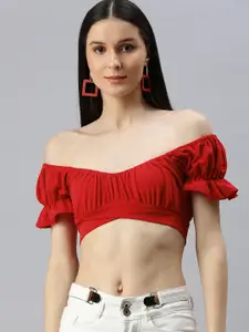 AAHWAN Red Solid Off-Shoulder Bardot Crop Top