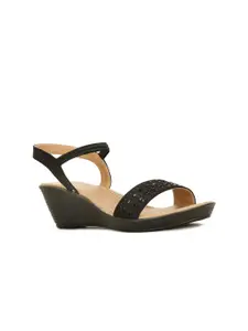Bata Black PU Wedge Sandals with Laser Cuts