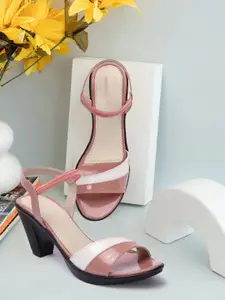 FASHIMO Peach-Coloured Embellished Block Sandals with Laser Cuts
